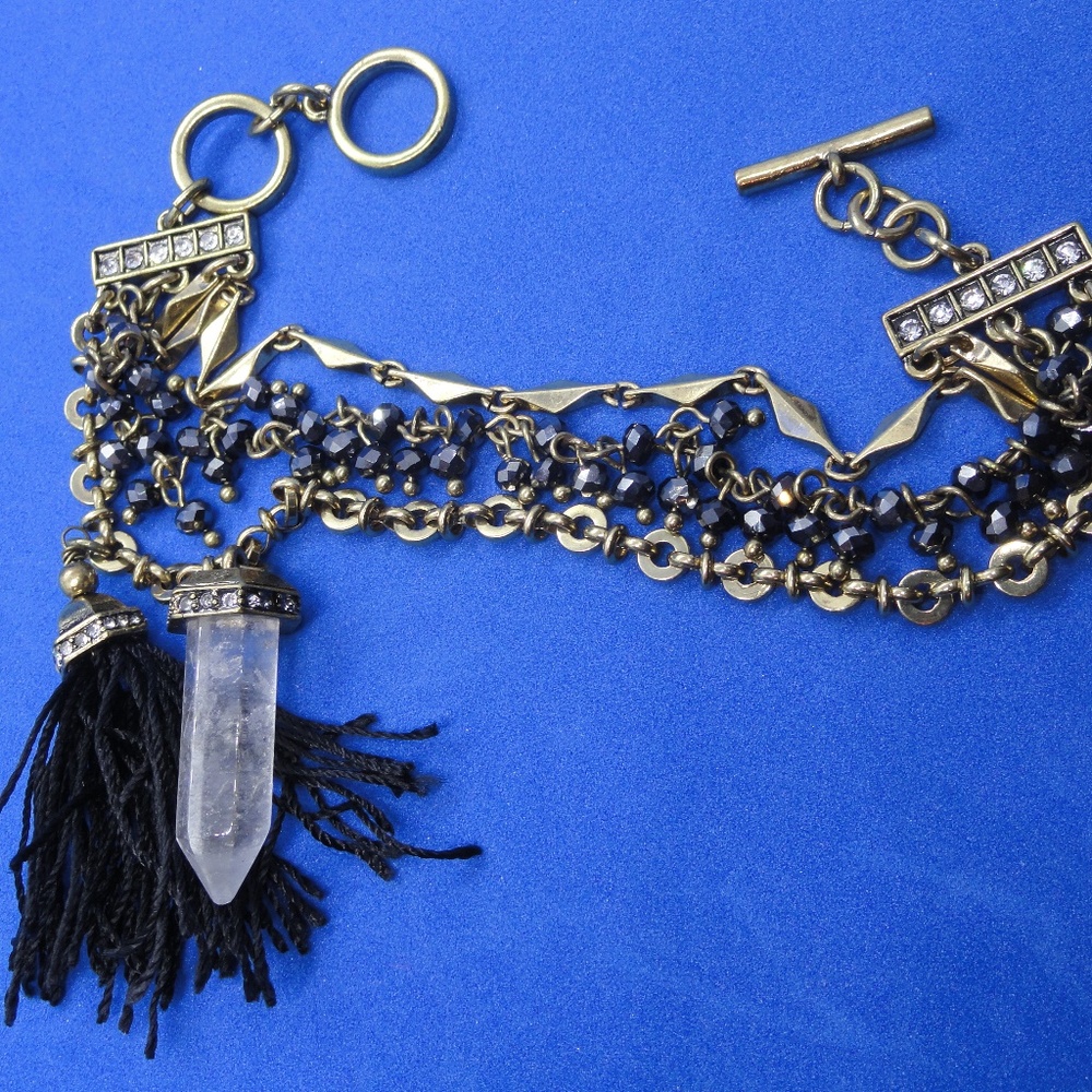 Crystal Quartz Tassel Black Glass Beaded Bracelet